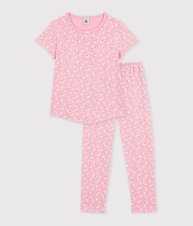 Pyjama enfant en coton manches courtes jambes longues imprim&eacute; rose/multicouleur