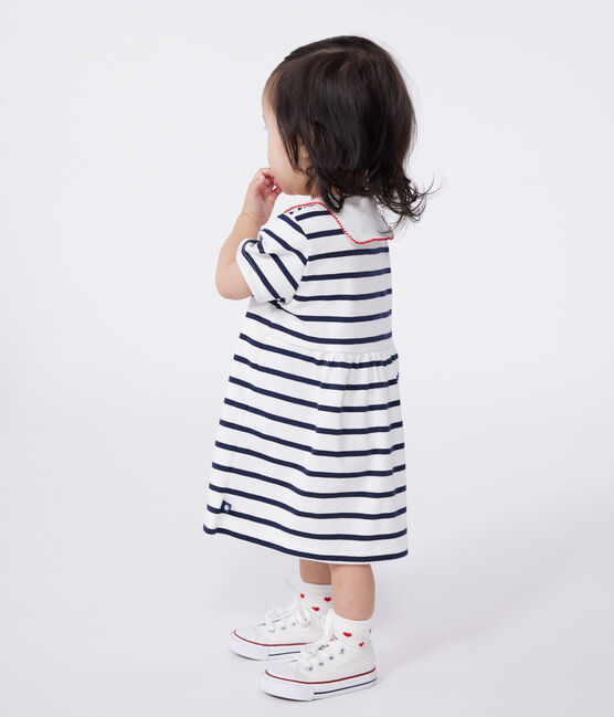 Robe marinière bébé en coton manches courtes et col vareuse blanc MARSHMALLOW/bleu SMOKING