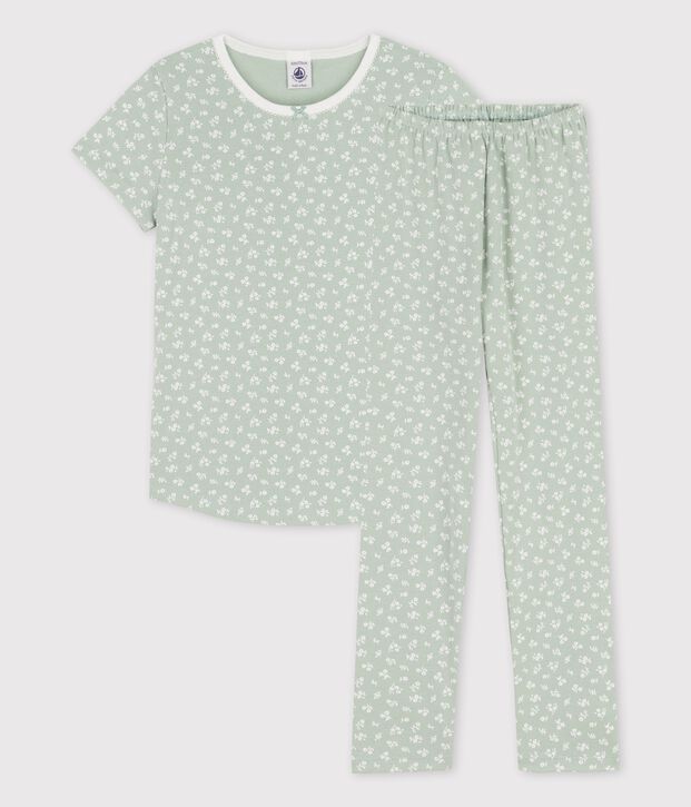 Pyjama manches courtes fleuri petite fille en coton vert/blanc