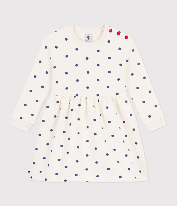 Robe enfant manches longue en coton imprim&eacute;e pois bleu/bleu