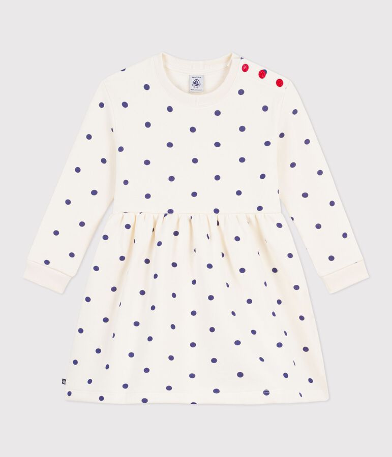 Robe enfant manches longue en coton imprim&eacute;e pois bleu MILK/ SOIR