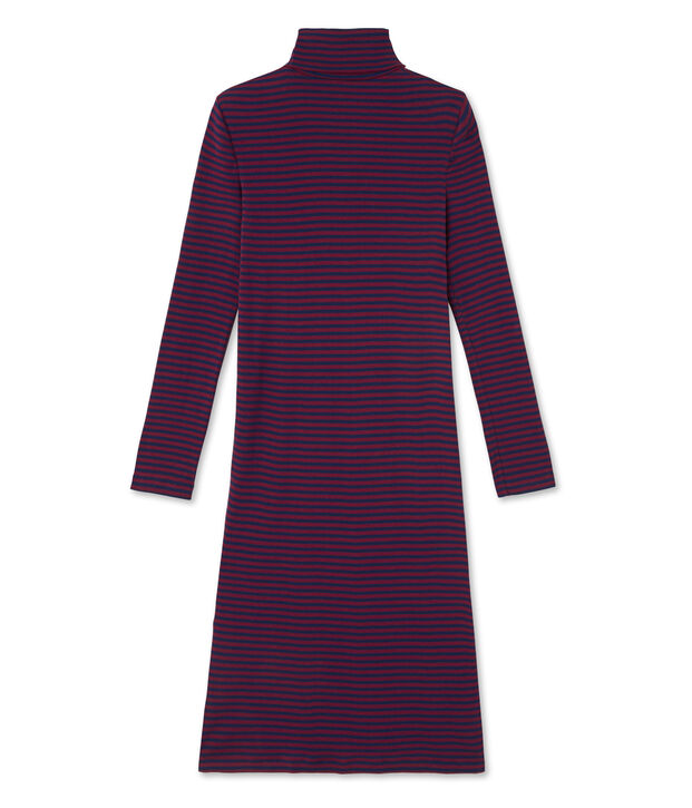 Robe femme ray&eacute;e &agrave; col roul&eacute; en coton ultra light rouge/bleu