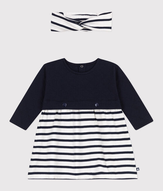 Ensemble robe manches longues en tubique et coton et bandeau en côte assorti bébé variante 1