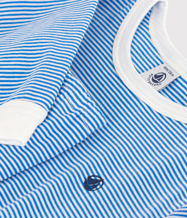 Pyjama ray&eacute; en coton enfant bleu/blanc
