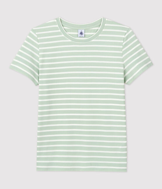 Tee-shirt LE DROIT col rond en coton bio Femme vert HERBIER/ MARSHMALLOW