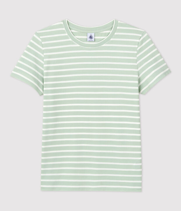 Tee-shirt LE DROIT col rond en coton bio Femme vert/blanc