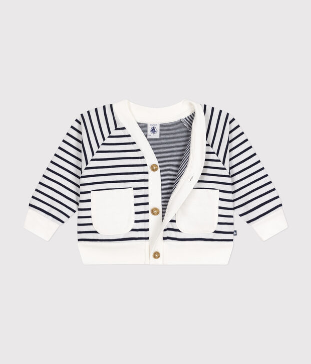 Cardigan en jersey &eacute;pais b&eacute;b&eacute; blanc/bleu