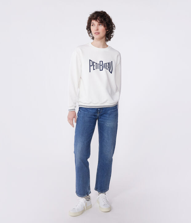 Sweatshirt femme en coton imprim&eacute; blanc