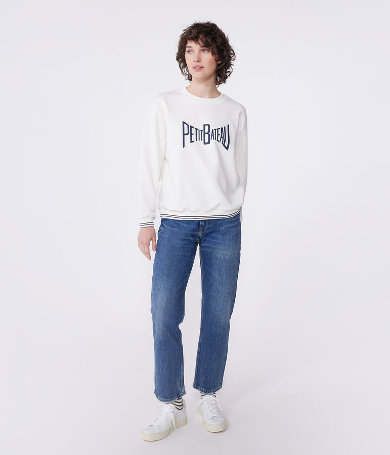 Sweatshirt femme en coton imprim&eacute; blanc MARSHMALLOW