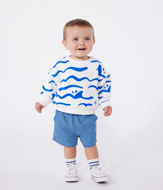 Sweat bébé en coton, imprimé requin bleu MARSHMALLOW/ PORCELANA