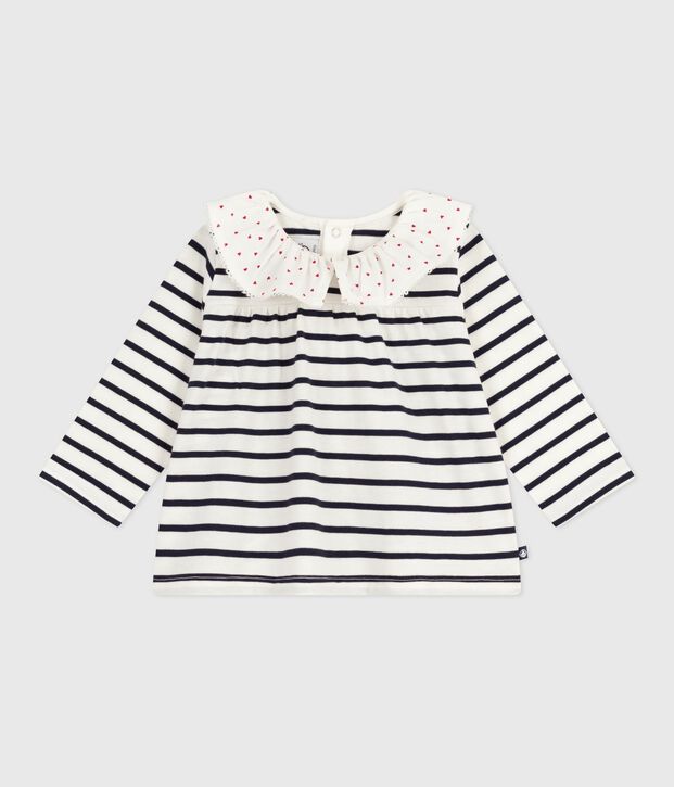 Blouse b&eacute;b&eacute; en coton manches longues, marini&egrave;re et col c&oelig;urs blanc/bleu