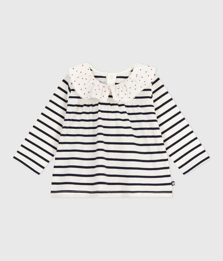 Blouse b&eacute;b&eacute; en coton manches longues, marini&egrave;re et col c&oelig;urs blanc MARSHMALLOW/bleu SMOKING
