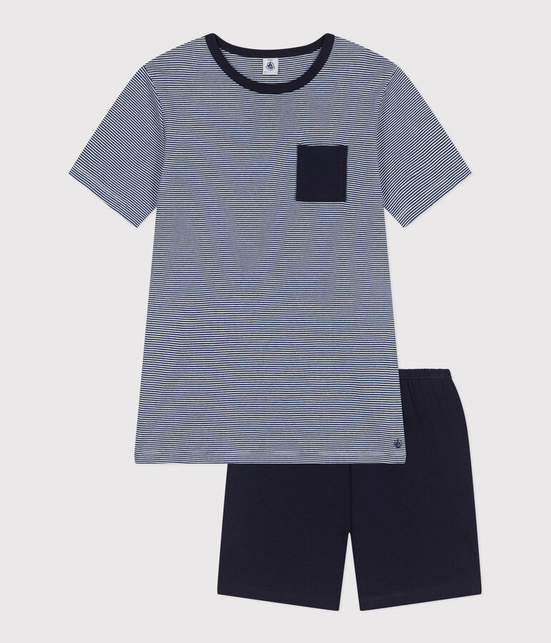 Pyjama short enfant en coton &agrave; rayures bleu MEDIEVAL/blanc MULTICO