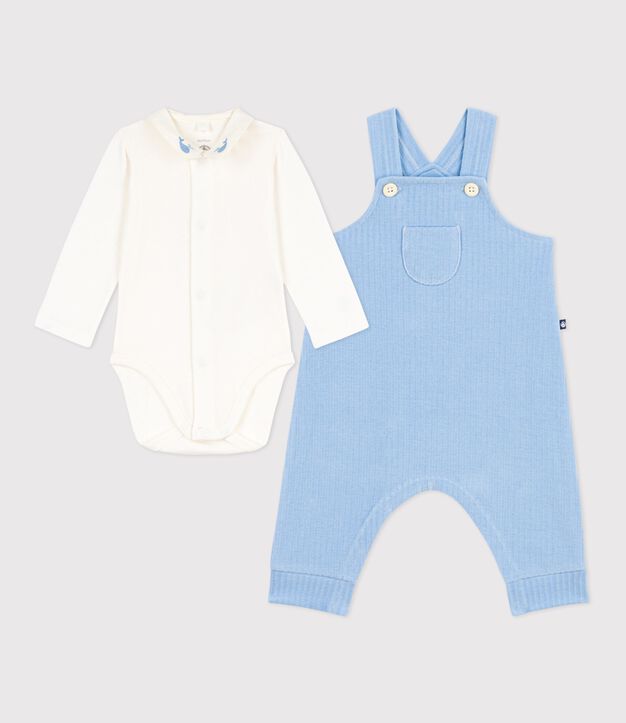 Ensemble salopette/body b&eacute;b&eacute; en coton uni et d&eacute;tails brod&eacute;s bleu/&eacute;cru