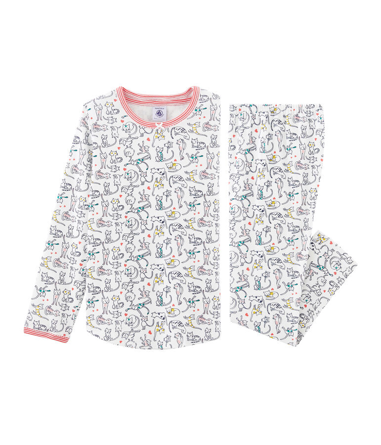 Pyjama petite fille en c&ocirc;te blanc MARSHMALLOW/blanc MULTICO