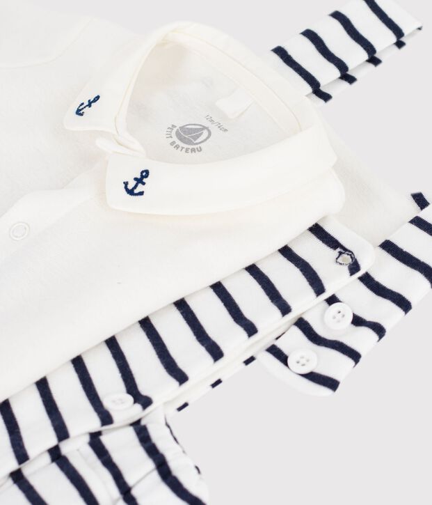Ensemble 2 pi&egrave;ces b&eacute;b&eacute; en coton ray&eacute; et d&eacute;tails brod&eacute;s blanc/bleu