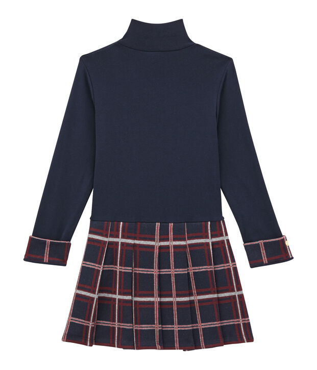 Robe col roul&eacute; bi-mati&egrave;re enfant fille bleu/multicouleur