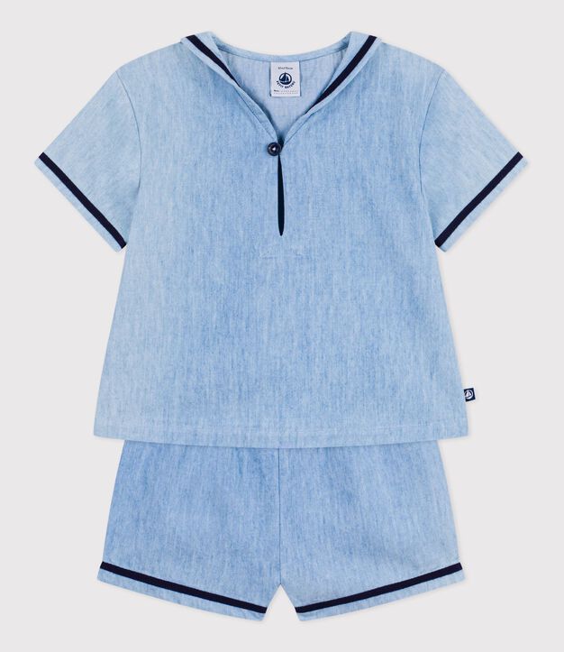 Ensemble b&eacute;b&eacute; 2 pi&egrave;ces en chambray, tee-shirt col vareuse bleu