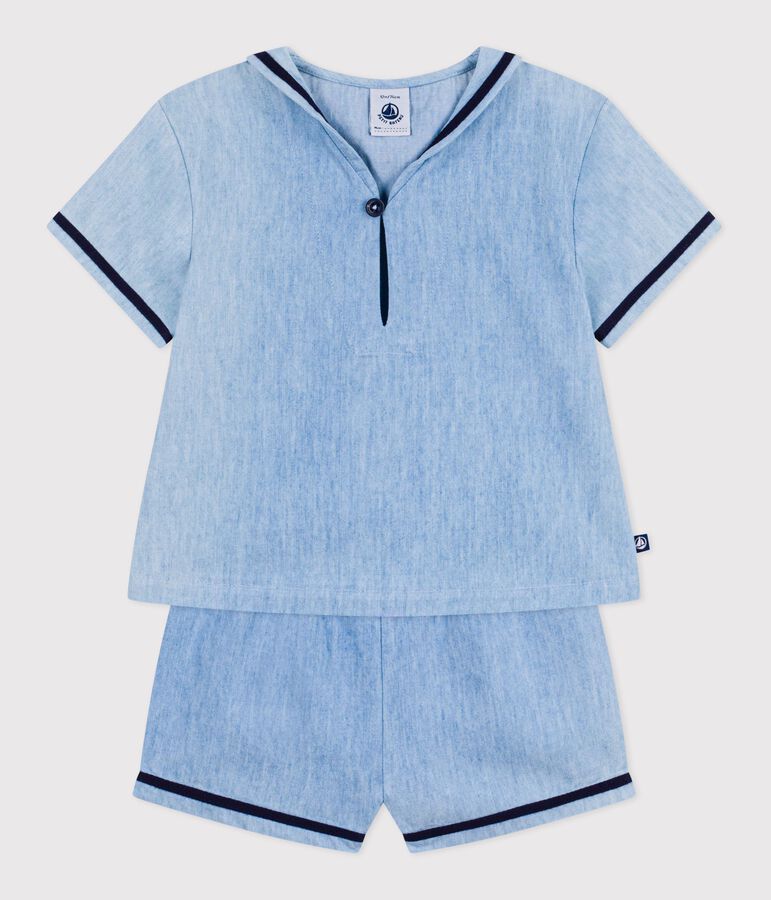 Ensemble b&eacute;b&eacute; 2 pi&egrave;ces en chambray, tee-shirt col vareuse bleu