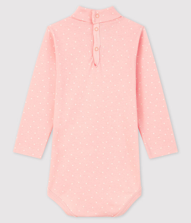 Body manches longues b&eacute;b&eacute; col roul&eacute; rose/blanc