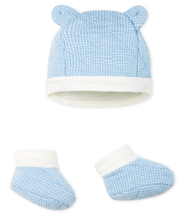 Lot bonnet et chaussons b&eacute;b&eacute; gar&ccedil;on en tubique matelass&eacute;. multicouleur