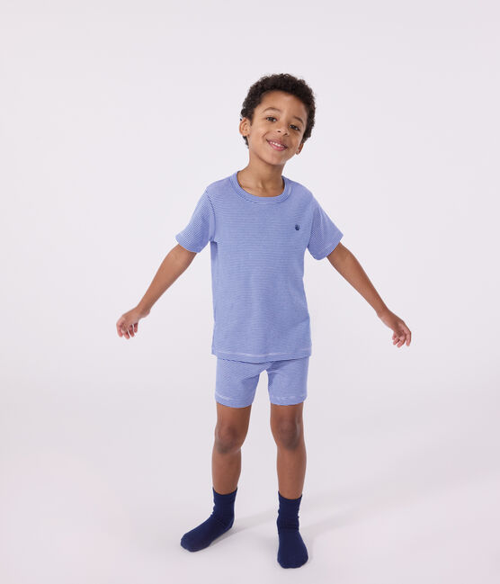Pyjama short enfant en coton à rayures bleu PERSE/blanc MARSHMALLOW