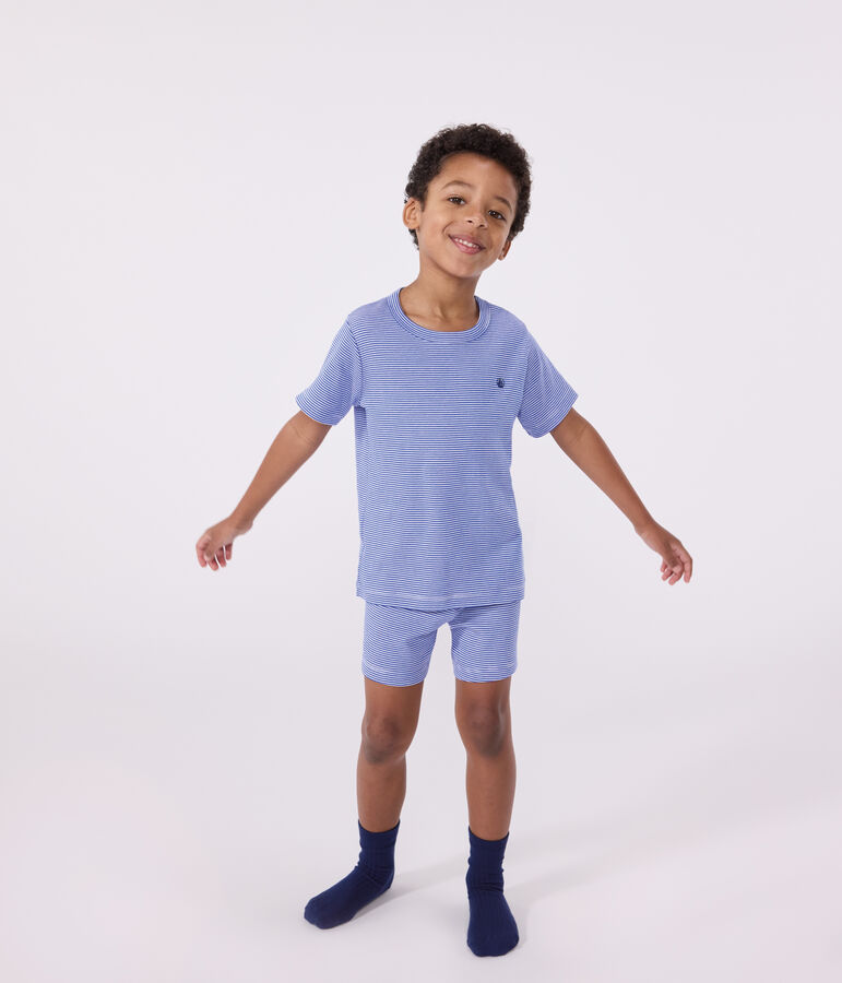 Pyjama short enfant en coton &agrave; rayures bleu PERSE/blanc MARSHMALLOW