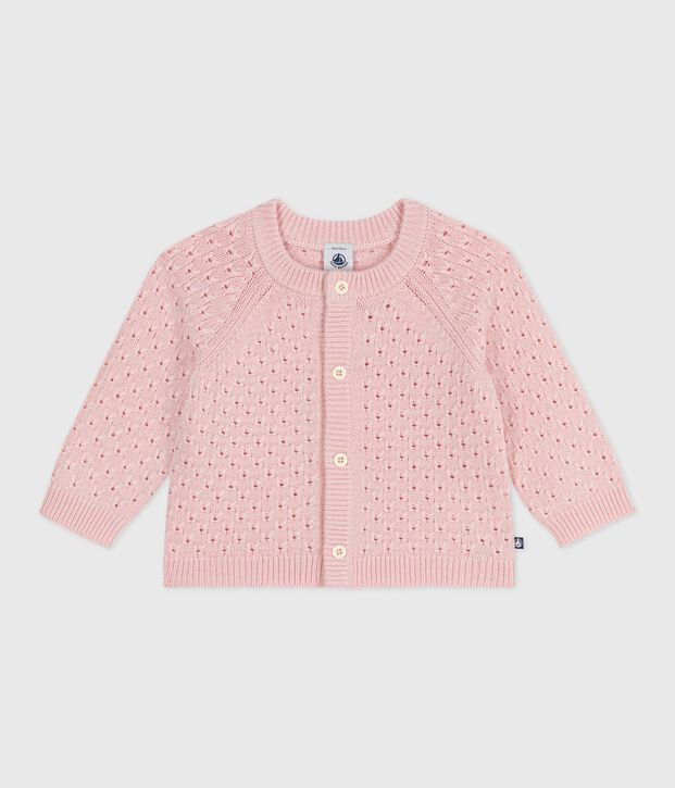Cardigan b&eacute;b&eacute; en tricot laine et coton uni rose clair