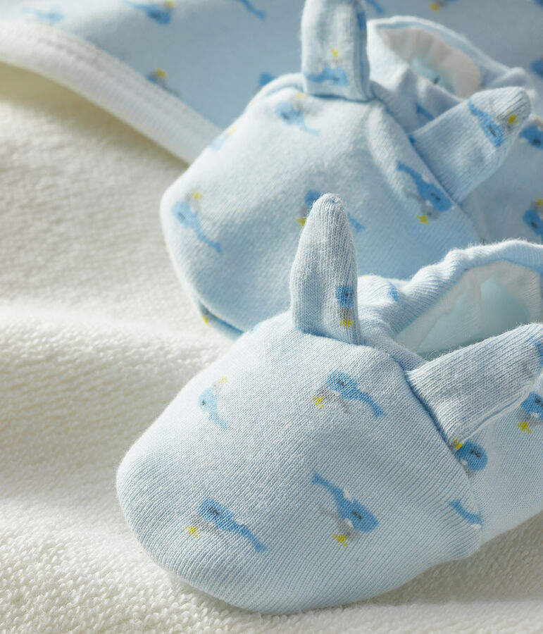 Coffret carr&eacute; de bain et chaussons b&eacute;b&eacute; en &eacute;ponge et c&ocirc;te bleu FRAICHEUR/blanc MULTICO