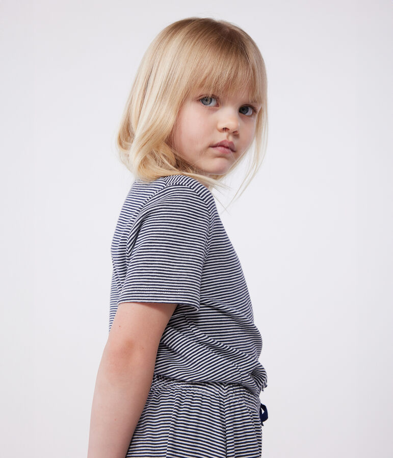 Pyjama enfant en coton manches courtes et jambes amples &agrave; rayures bleu SMOKING/blanc MARSHMALLOW