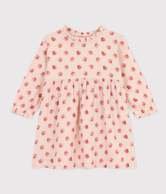 Robe manches longues en gaze de coton bébé rose SALINE/blanc MULTICO