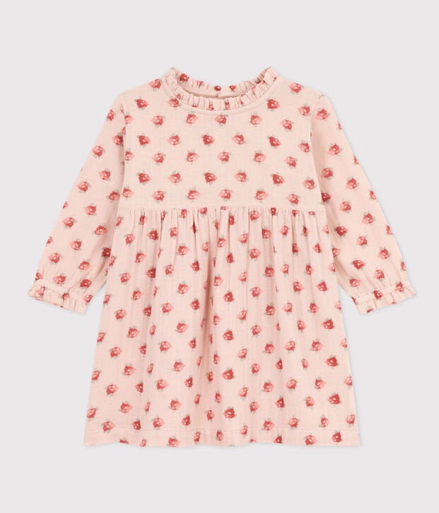 Robe manches longues en gaze de coton b&eacute;b&eacute; rose/multicouleur