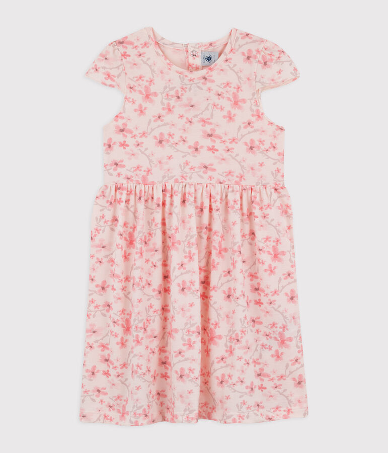 Robe c&eacute;r&eacute;monie en jersey piqu&eacute; enfant fille rose FLEUR/blanc MULTICO