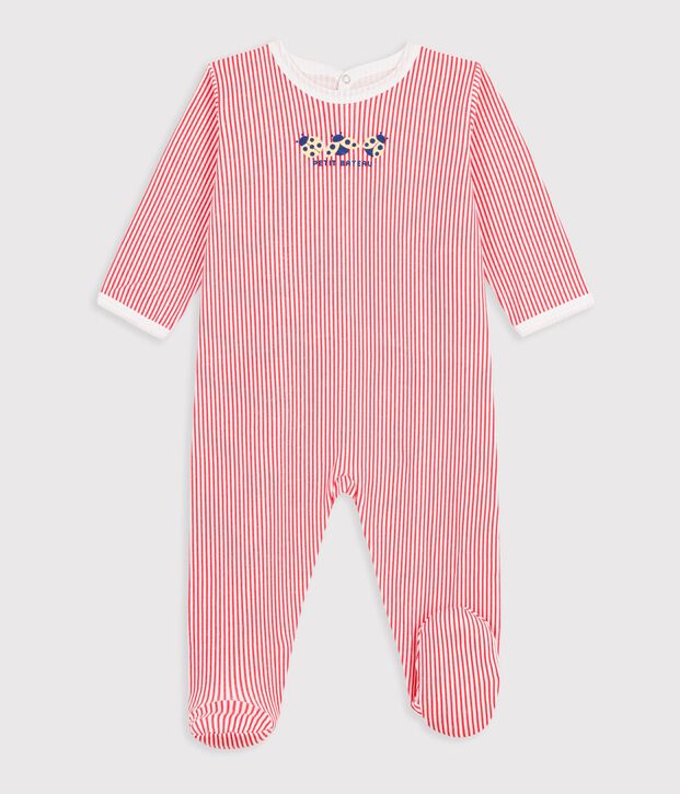 Pyjama b&eacute;b&eacute; en coton ouverture au dos ray&eacute; blanc/rouge