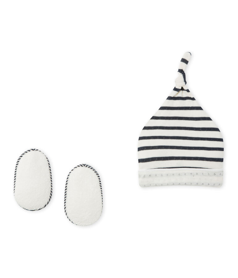 Ensemble bonnet de naissance et chaussons b&eacute;b&eacute; blanc/bleu