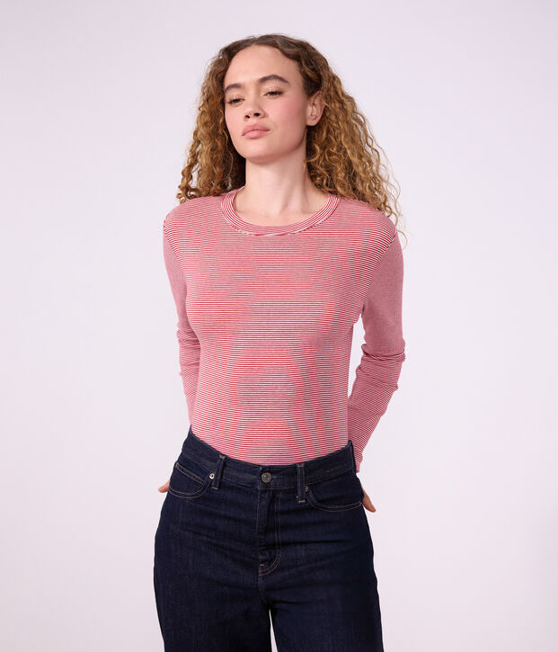 Tee-shirt femme en coton manches longues &agrave; rayures rouge/blanc