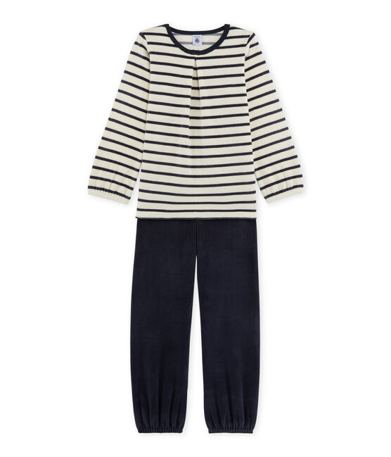 Pyjama fille en bouclette velours beige COQUILLE/bleu SMOKING