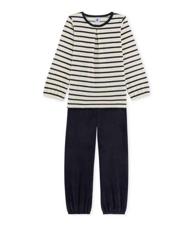 Pyjama fille en bouclette velours blanc/bleu