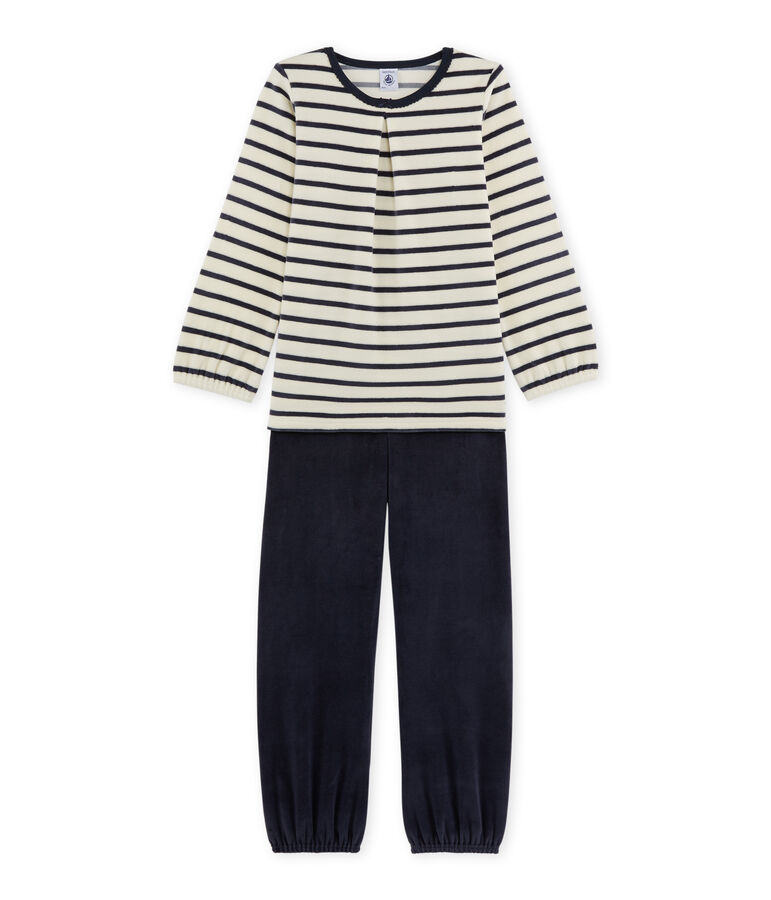 Pyjama fille en bouclette velours blanc/bleu