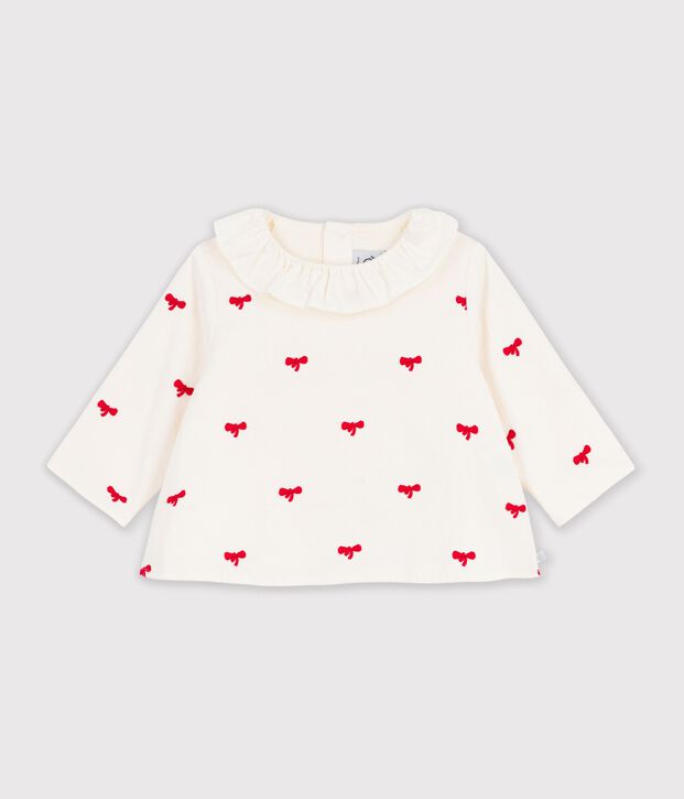 Blouse b&eacute;b&eacute; en velours brod&eacute; motif n&oelig;uds &eacute;cru/rouge