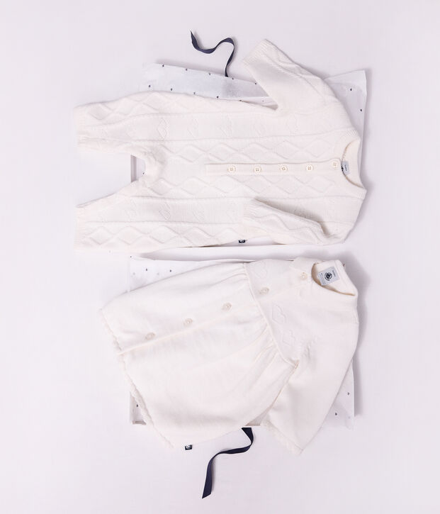 Combinaison b&eacute;b&eacute; en tricot laine et coton uni blanc