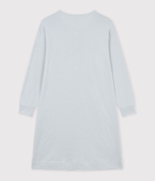 Chemise de nuit femme en coton col tunisien &agrave; rayures gris/blanc