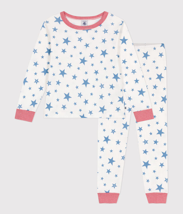 Pyjama enfant en coton imprim&eacute; &eacute;toiles blanc/bleu
