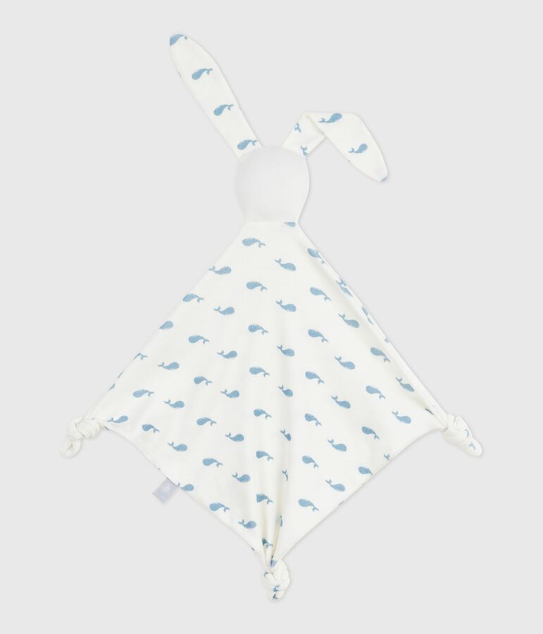 Doudou b&eacute;b&eacute; en coton imprim&eacute; baleine blanc/bleu