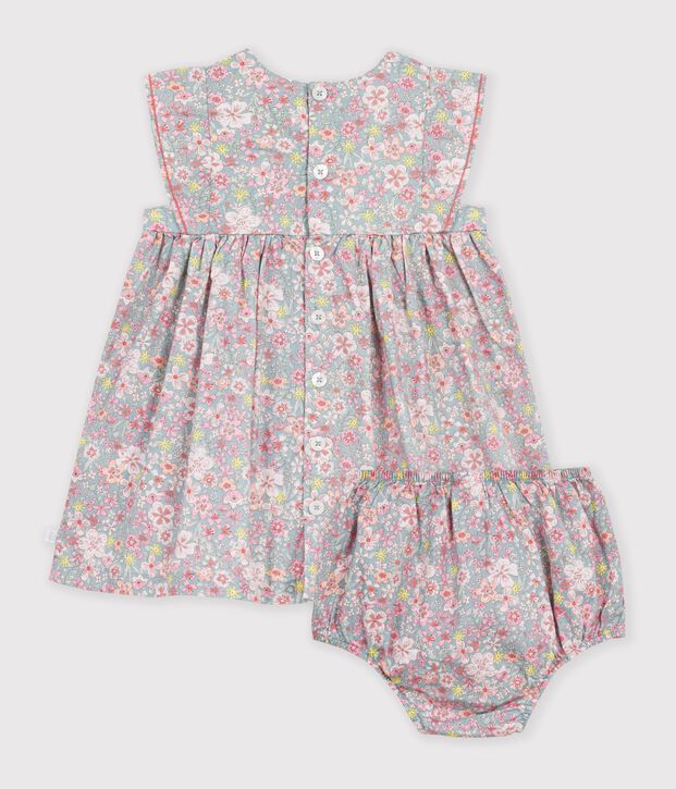 Robe b&eacute;b&eacute; en coton manches courtes et son bloomer imprim&eacute;s fleurs bleu/multicouleur