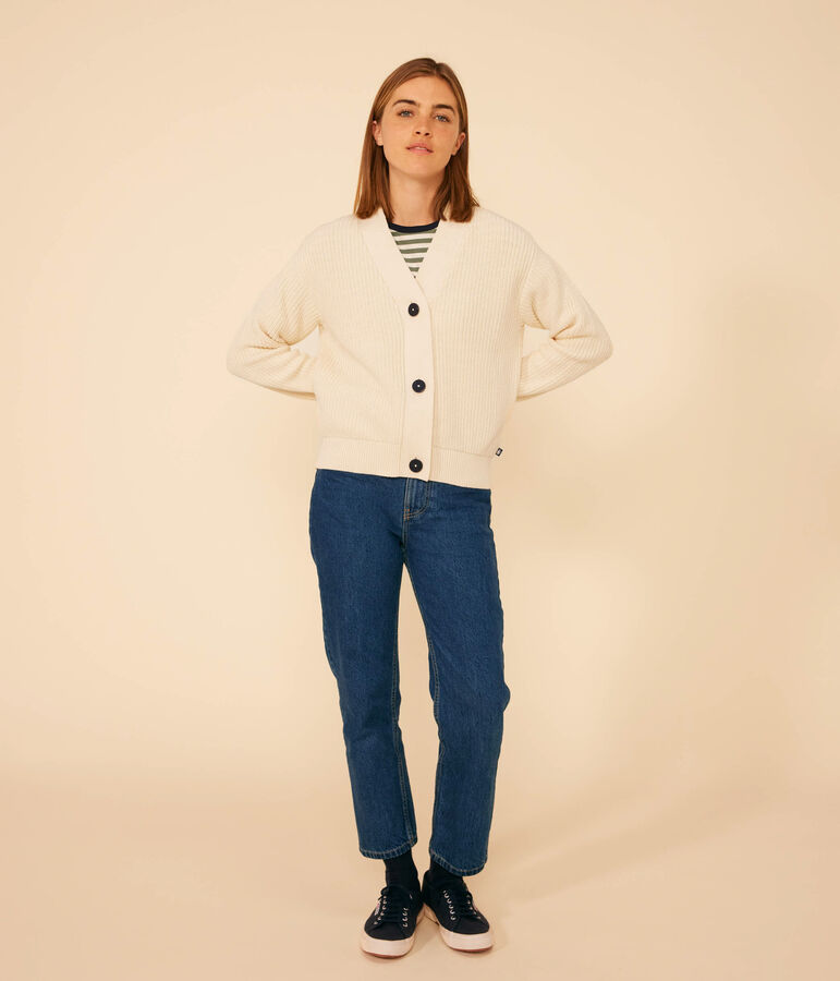 Cardigan en c&ocirc;te anglaise en coton femme &eacute;cru AVALANCHE
