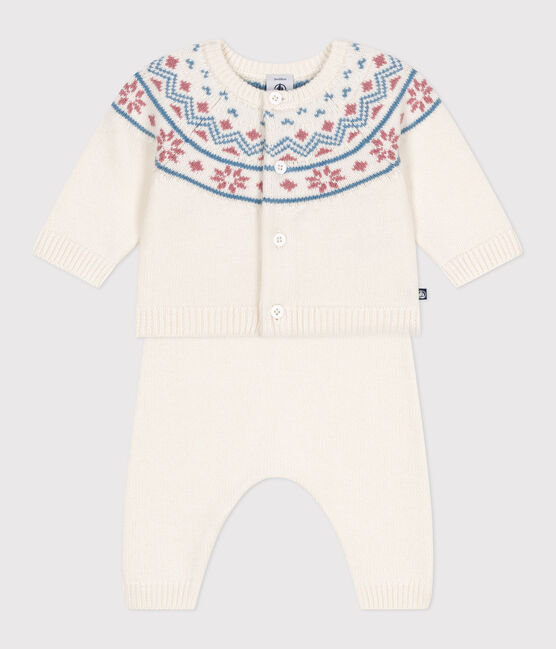 Ensemble 2 pièces bébé cardigan jacquard en tricot blanc MARSHMALLOW/rose CHARME