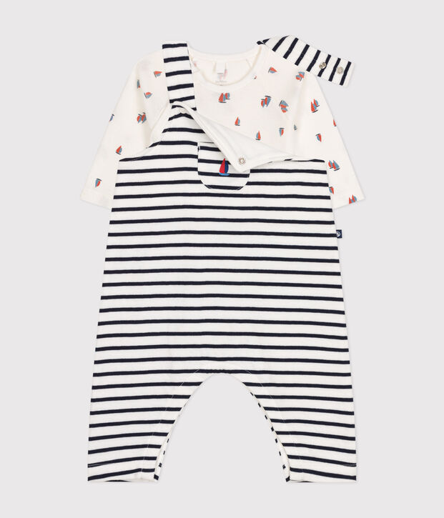 Ensemble salopette et body en coton b&eacute;b&eacute; blanc/bleu