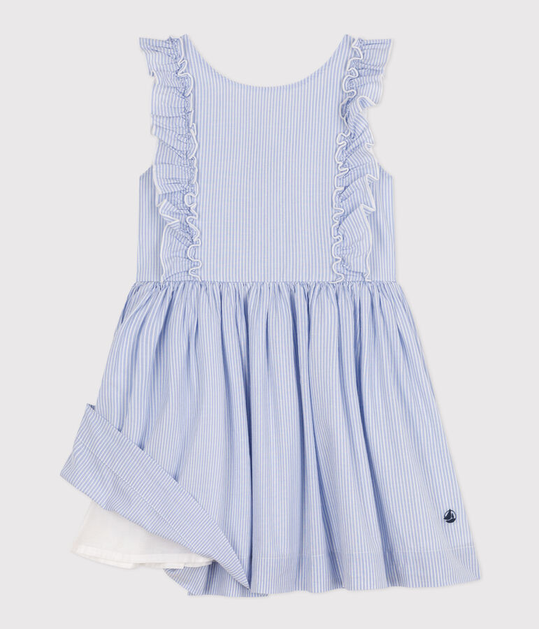 Robe sans manche en popeline ray&eacute;e enfant fille bleu/blanc/gris