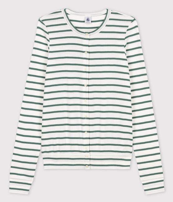 Cardigan iconique en coton rayé Femme blanc MARSHMALLOW/vert VALLEE